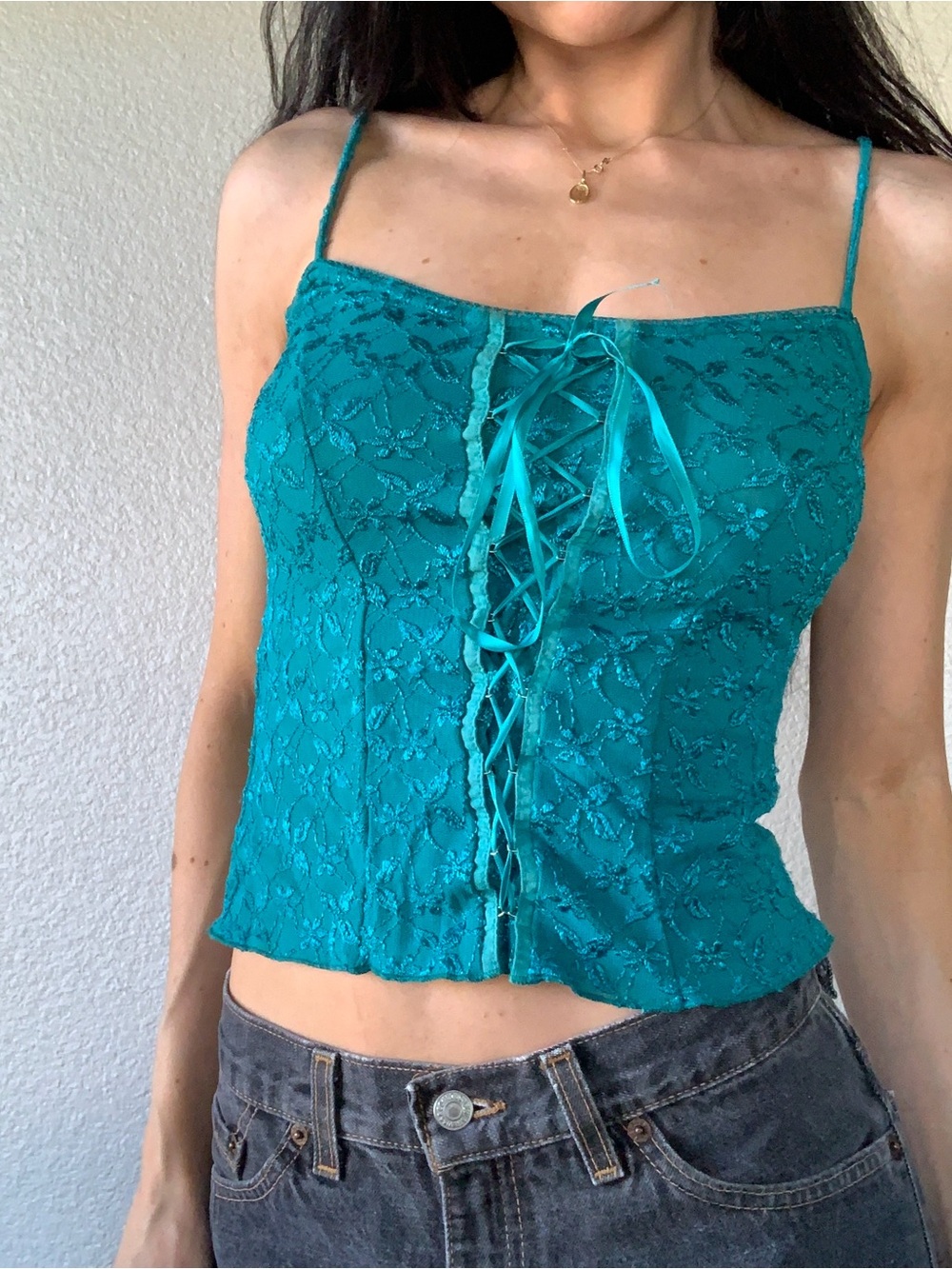 Teal Lace-Up Spaghetti Strap Tank Top - Women
